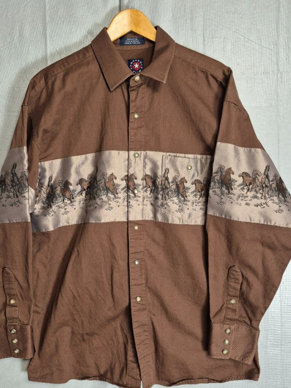 VTG Panhandle Slim Shirt Mens L Brown Pearl Snap Western Horses Rodeo 0642